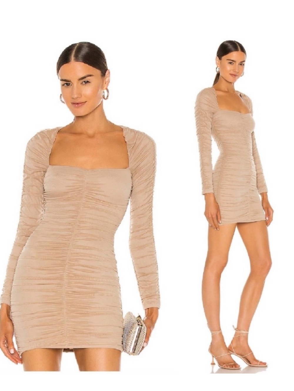 Michael Costello x REVOLVE Franky Ruched Mesh Mini Dress Taupe Nude